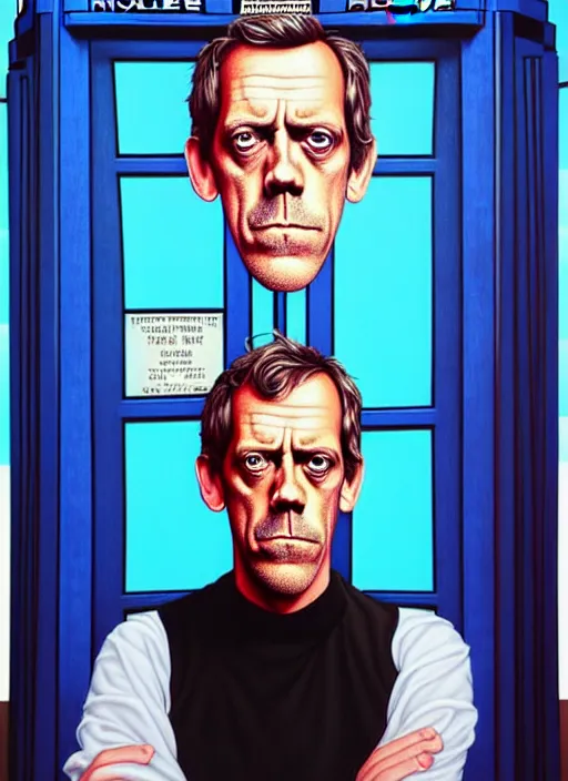 Prompt: portrait of hugh laurie standing next to the tardis from doctor who, portrait, pixar style, by tristan eaton stanley artgerm and tom bagshaw.