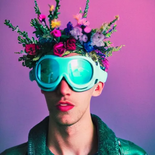 Image similar to close up kodak portra 4 0 0 milk bath photography of a skinny guy with blonde hair, aerial view, wearing cybergoth goggles, flower crown, moody lighting, telephoto, 9 0 s vibe, blurry background, vaporwave colors, dream aesthetic, dreamy aesthetic, faded!,