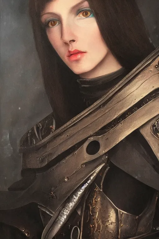 Image similar to hyperrealism oil painting, close - up portrait of european medieval brunette vampire fashion model, knight, steel gradient mixed with nebula sky, in style of baroque