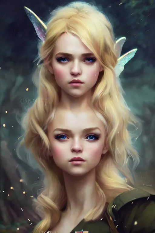 Image similar to cinematic shot of an epic portrait of a cute blonde fairy dressed in military clothes, stylised military clothes, shiny skin, beautiful eyes, beautiful, small details, night setting, realistic poster with volumetric light from craig mallism, artgerm, jeremy lipkin and michael garmash, unreal engine, radiant light, digital art, trends at art station, a masterpiece