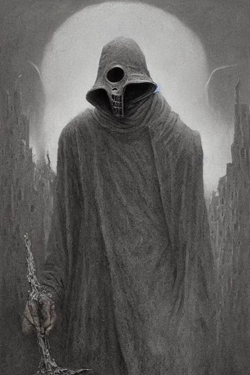 Image similar to plague doctor from iron gridle but human form, destroyed city and flames by zdzislaw beksinski, color