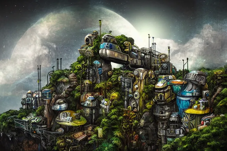 Prompt: sci - fi favela sculpture, art deco jungle environment, industrial factory, cliffs, gloomy, milky way, award winning art, epic dreamlike fantasy landscape, ultra realistic,