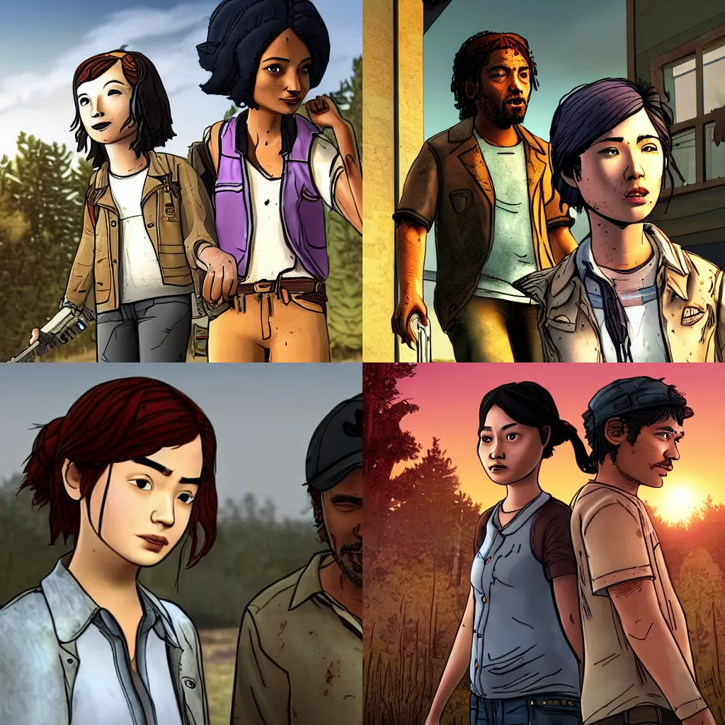 Prompt: clementine and lee from telltale walking dead meeting in heaven, photorealistic