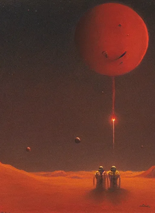 Image similar to A painting in a style of Beksinski featuring Elon Musk on mars. There is a group of rocket in the sky. Very detailed, symmetry