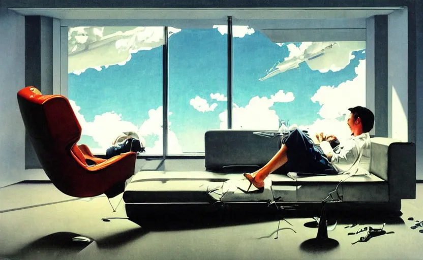 Image similar to a futuristic minimalist lounge room with a big window opening up to a wide open meadow with billowing clouds in the sky. highly detailed science fiction painting by norman rockwell, frank frazetta, and syd mead. rich colors, high contrast, gloomy atmosphere. trending on artstation.