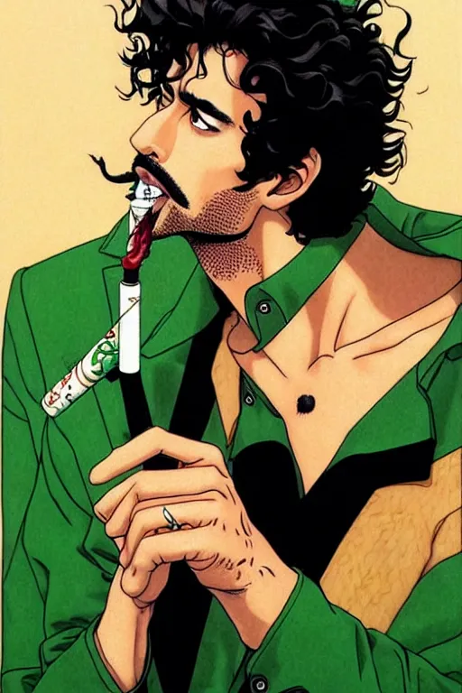 Image similar to handsome!! hyper realistic man with curly black hair, tan skin, green eyes, anchor goatee, smoking a cigarette | art by hirohiko araki & jean giraud