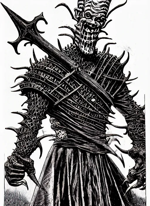 Prompt: the cenobite pinhead as a d & d monster, pen - and - ink illustration, etching, by russ nicholson, david a trampier, larry elmore, 1 9 8 1, hq scan, intricate details, high contrast