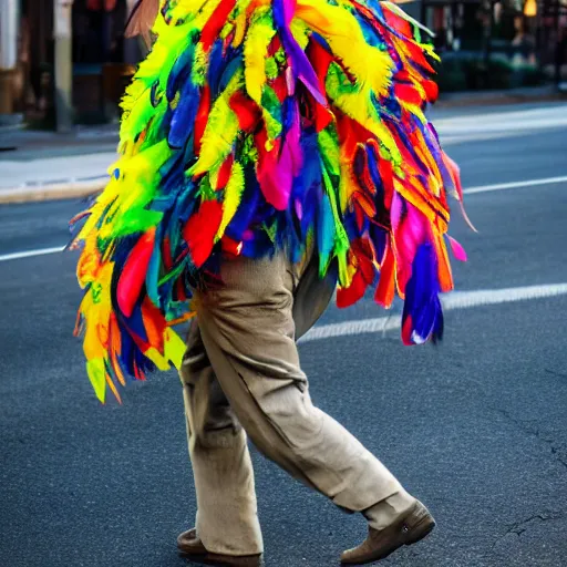 Image similar to a man made of colorful feather boas walking across the street