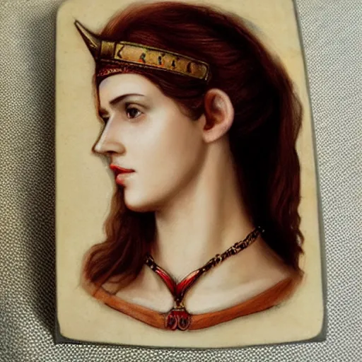 Image similar to amulet of helen of troy on a young beautiful woman neck, hyper realistic,