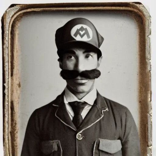 Prompt: Nintendo's Mario dressed as a plumber at the Ellis Island immigration office happily acquiring his citizenship, daguerreotype portrait