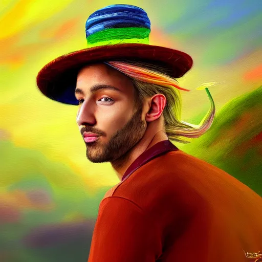 Prompt: colorful painting of a man with a hat with a propellor on top with long blond hair, matte painting, trending on art station, ultra - detailed, hq