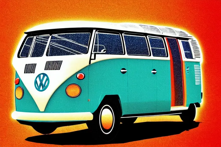 Prompt: vw bus!, in the style of john avon and derek riggs and eva widermann, trending on artstation, halfrear lighting closeup view anaglyph filter, bokeh, anime, colored pencil art, belle epoque