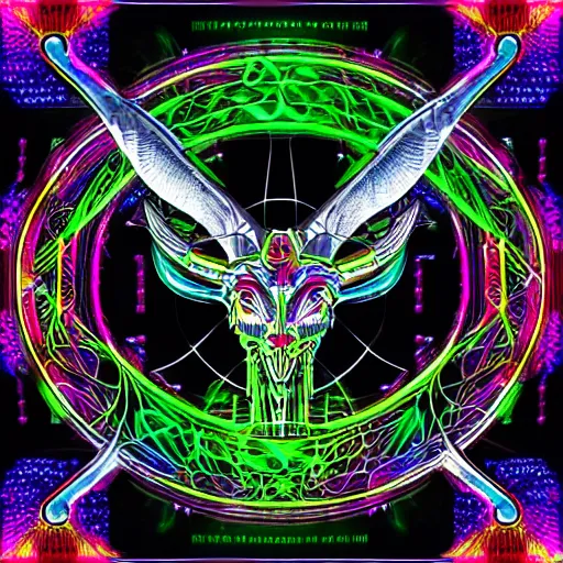 Image similar to biomechanical baphomet sigil merged with mainframe circuitry, multicolored digital art