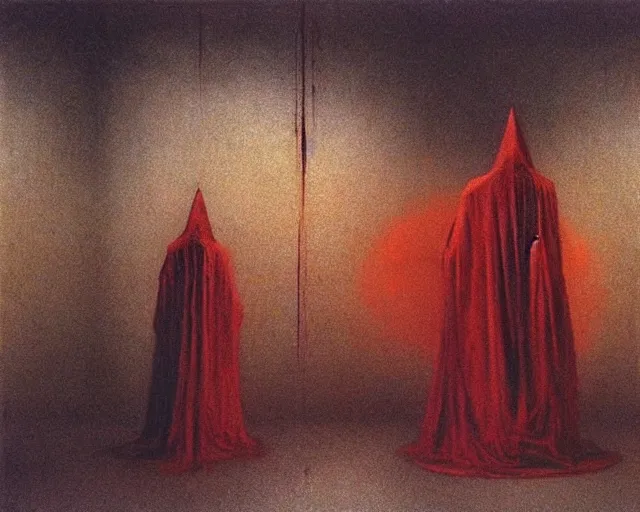 Image similar to by francis bacon, beksinski, mystical redscale photography evocative. devotion to the scarlet woman, priestess in a conical hat, coronation, ritual, sacrament