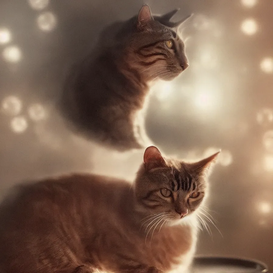 Image similar to an photo of a cat swimming in a bowl of milk, moody lighting, lens flare, atmosphere, glow, detailed, intricate, full of colour, cinematic lighting, trending on artstation, 4 k, hyperrealistic, focused, extreme details, unreal engine 5, cinematic, masterpiece