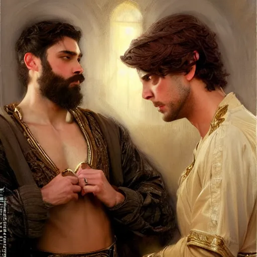 Image similar to attractive fully clothed king confesses his love for his attractive fully clothed male prince. highly detailed painting by gaston bussiere, craig mullins, j. c. leyendecker 8 k