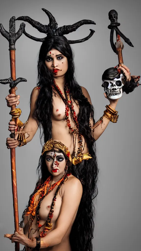 Image similar to hindu goddess of death, holding a skull on one hand and trident on another, posing for playboy photoshoot, studio lighting, cosplay