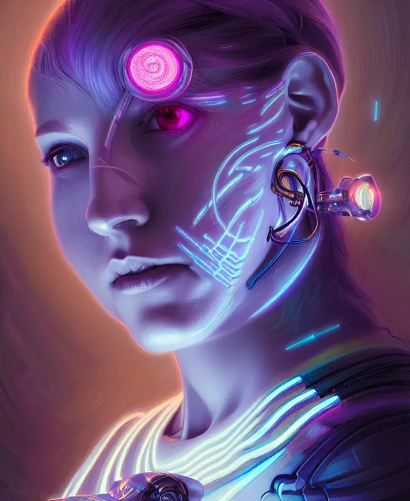 Image similar to a whirlwind of souls rushing inside the metaverse, hologram, half body, neurochip, shaved temple, piercing, jewelry, android, cyborg, cyberpunk face, by loish, d & d, fantasy, intricate, elegant, highly detailed, colorful, digital painting, artstation, concept art, art by artgerm and greg rutkowski and alphonse mucha