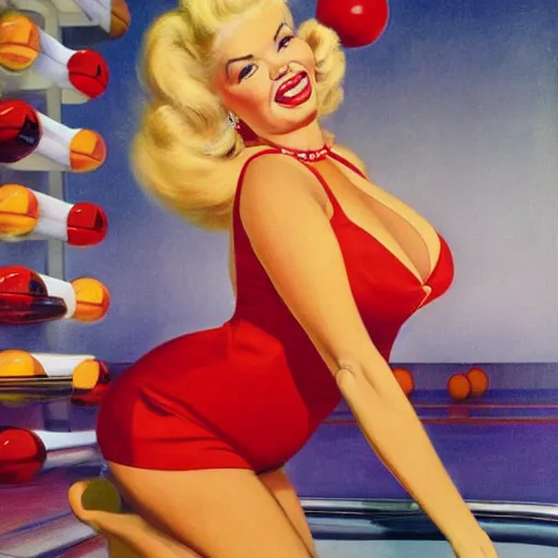 Prompt: jayne mansfield in a bowling alley with a perspective view of bowling pins at the end of the lane, jayne mansfield about to roll a large red bowling ball down a bowling land towards bowling pins, jayne mansfield holding a large red bowling ball in a provocative pose, by mort kunstler and gil elvgren