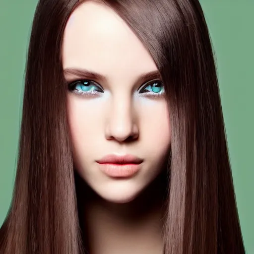 Image similar to add long straight hair to photo, very pretty model, heart shaped face, green eyes