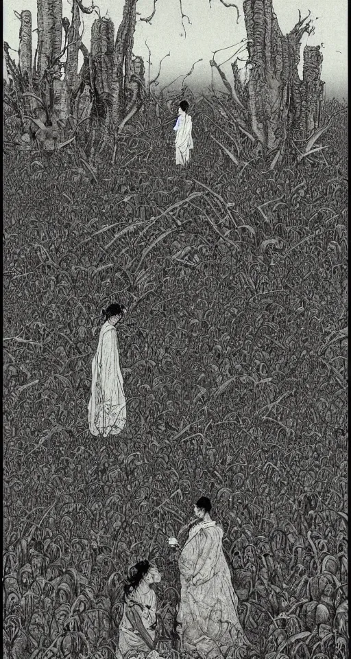 Prompt: on the street of abandoned town 2 people standing huddled together, spiny giant plants bursting through them in the style of Takato Yamamoto and Francis Bacon and Norman Rockwell and Beksinski, very coherent, ultradetailed