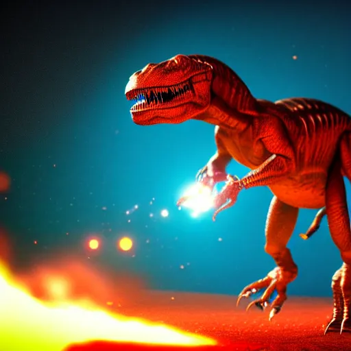 Image similar to an alien t-rex bursting fire out of its mouth in an unknown planet, octane render, bokeh, 3D