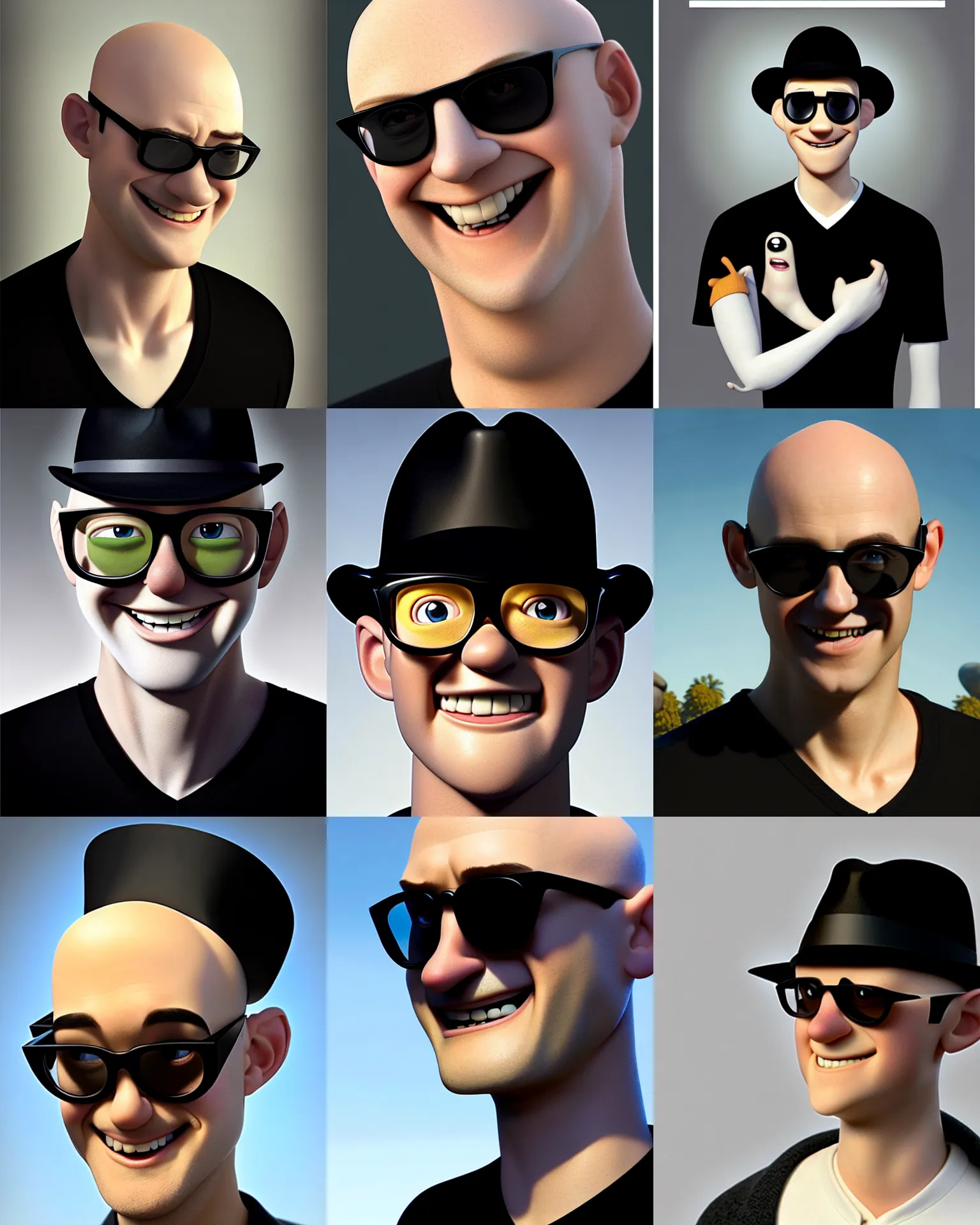 Prompt: pixar movie still close - up portrait photo of bald white young man wearing a black v - neck shirt, black ray - bans, black fedora, large nose : : sf, facing the camera, wide smile, sharp features : : by greg rutkowski, wlop, artgerm, weta, marvel, unreal engine, gq magazine cover : :