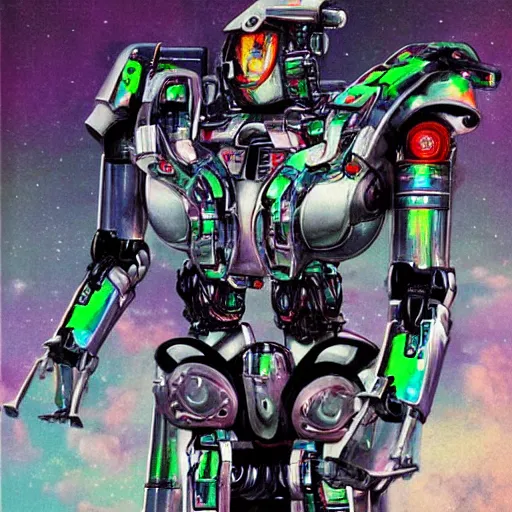 Image similar to portrait of the full - metal mecha nature - loving robot orion in electrical wired neon iridescent outfit, the robot holds the source code of the world, hanafuda cover illustration for vogue by yoji shinkawa, esao andrews and yoshitaka amano