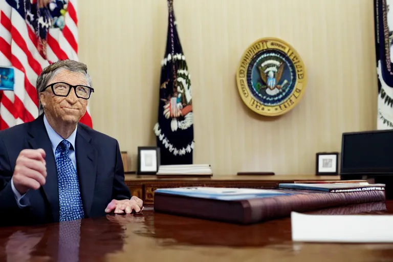 Image similar to president bill gates gives an emergency oval office address, sitting at the resolute desk, circa 2 0 2 2, professional photo, dslr, bokeh