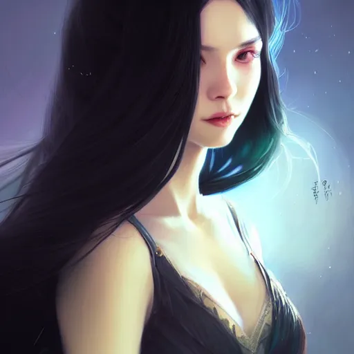 Image similar to a beautiful girl with long black hair, fantasy, portrait, sharp focus, intricate, elegant, digital painting, artstation, matte, highly detailed, illustration, ambient lighting, art by Rossdraws, artgerm, Ilya Kuvshinov, and Greg Rutkowski