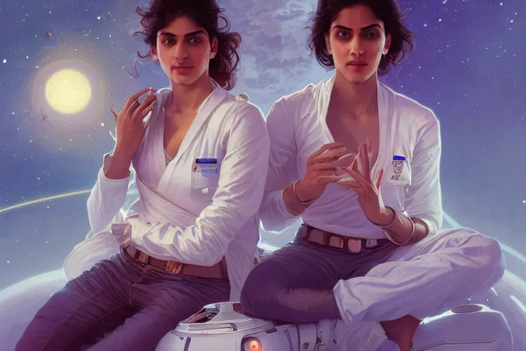 Image similar to Sensual good looking pale young Indian doctors wearing jeans in a space station above Earth, portrait, elegant, intricate, digital painting, artstation, concept art, smooth, sharp focus, illustration, art by artgerm and greg rutkowski and alphonse mucha