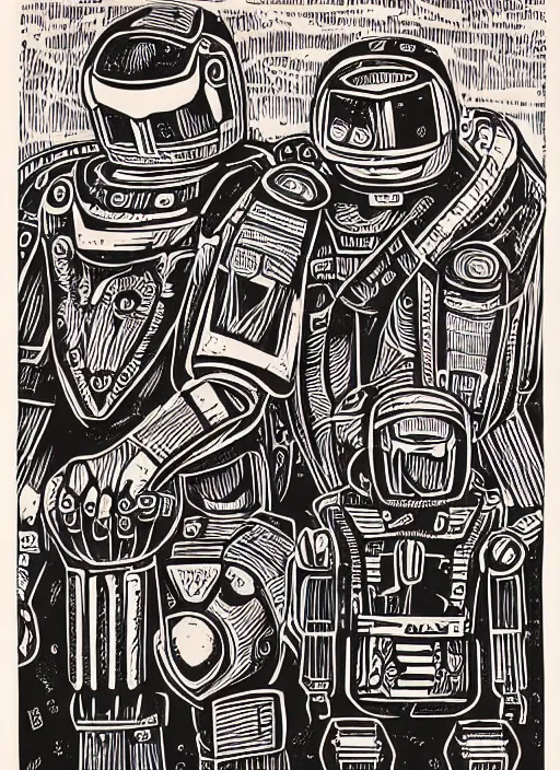 Image similar to !dream warrior robots by Julie de Graag, linocut print