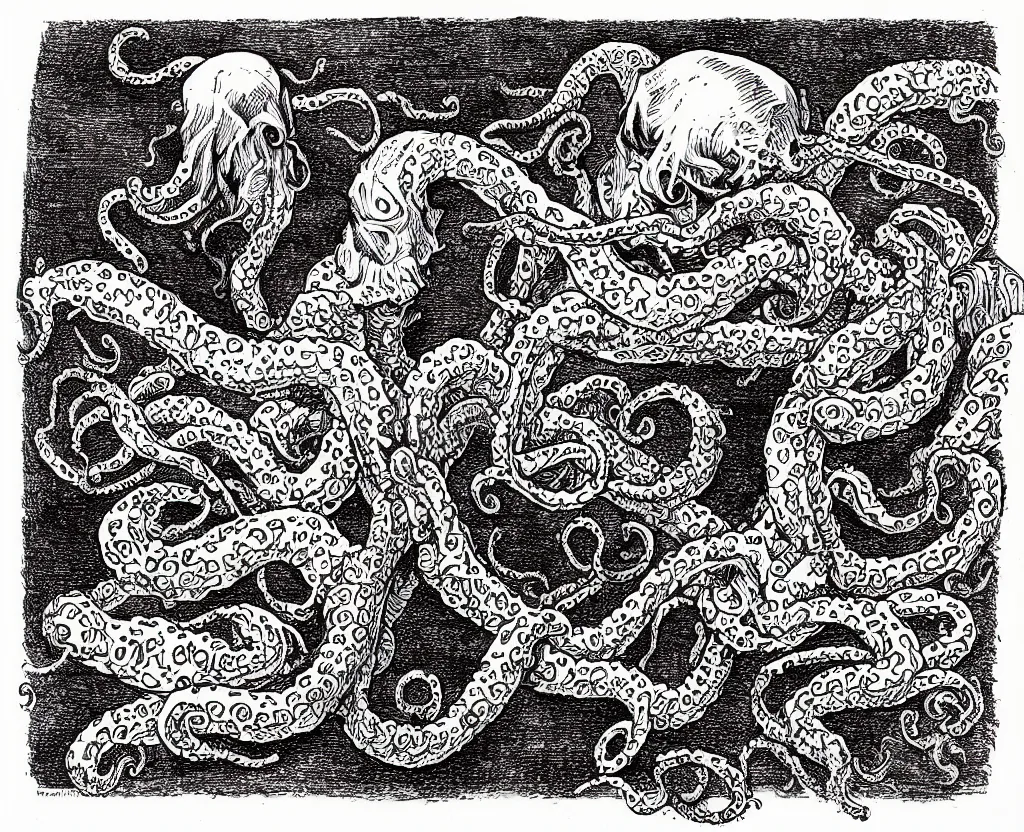 Prompt: a drawing of a large book with evil tentacles escaping from it, in the style of edward gorey