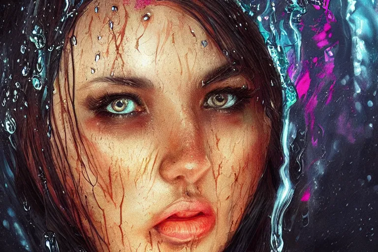 Prompt: a portrait of witch melting in water, rainy background, bright art masterpiece artstation. 8 k, sharp high quality artwork in style of jose daniel cabrera pena, concept art by tooth wu, fanart