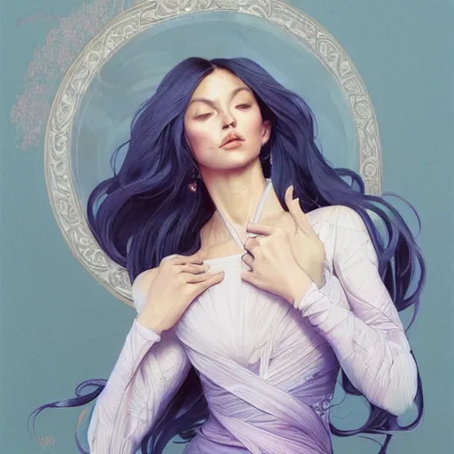 Image similar to Portrait of very very very very very very beautiful non-white woman, spacesuit, purple eyes, intricate, elegant, highly detailed, digital painting, artstation, concept art, smooth, sharp focus, illustration, art by artgerm and greg rutkowski and alphonse mucha