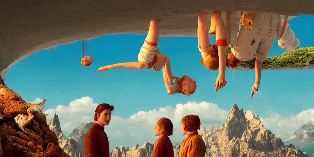 Image similar to a very high resolution image from a new movie, upside - down world, beautiful scenery, photorealistic, photography, directed by wes anderson