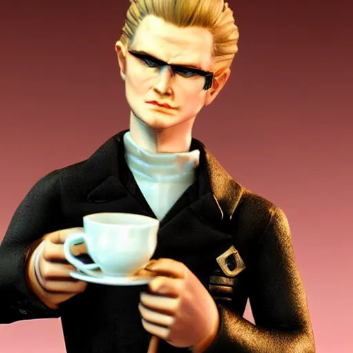 Prompt: albert wesker holding a small steaming china cup of tea, romanticism style, detailed facial proportions