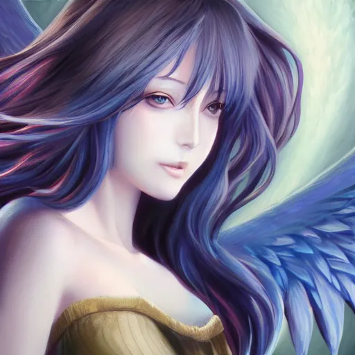 Image similar to an oil painting of a beautiful anime girl with angel wings, by artgerm, hd, hdr, ue 5, ue 6, unreal engine 5, cinematic 4 k wallpaper, 8 k, ultra detailed, high resolution, artstation, award winning