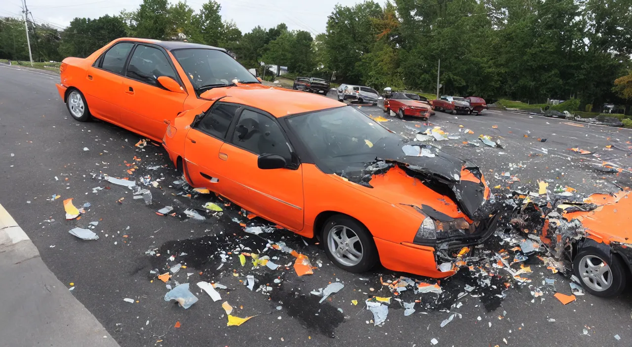 Image similar to 1993 nissan maxima windshield smashing into a million pieces, large orange traffic construction drum bouncing off windshield