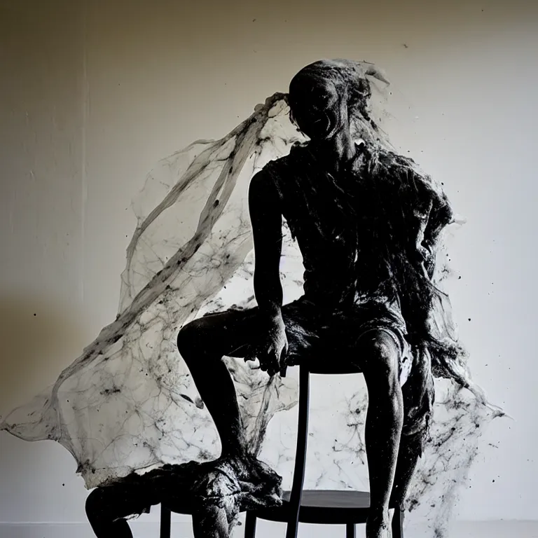 Image similar to a sculpture of a person sitting on top of a chair, a white marble sculpture by nicola samori, behance, neo - expressionism, marble sculpture, apocalypse art, made of mist