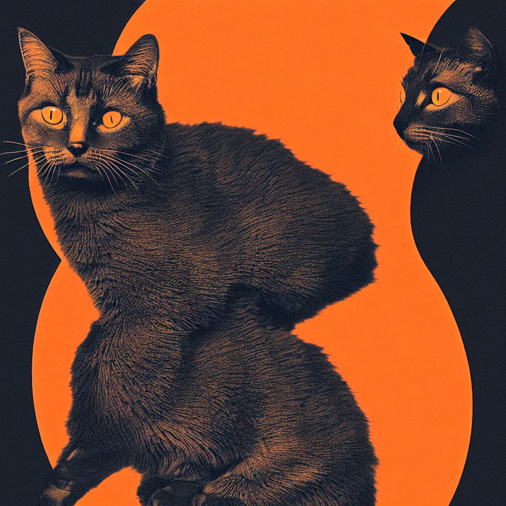 Image similar to lol sarcastic cat meme, mads berg, karolis strautniekas, film noir, stippled light, dramatic lighting, editorial illustration, detailed, fine texture, matte print, art deco, brutalism, dark blue + dark orange, red, black, ( ( habitat 6 7 background ) )