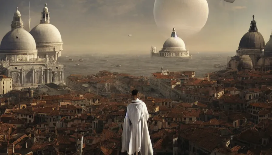 Image similar to silhouette of a man wearing white robe overlooking a giant alien ufo high tech spaceship eerily hovering on italy venice city landscape with beautiful temples by greg rutkowski, artgerm, ross tran, magali villeneuve, intricate, time travel theme, audince in awe, spectacle, audience sorrounding, award winning, octane render, masterpiece, 8 k, beautiful