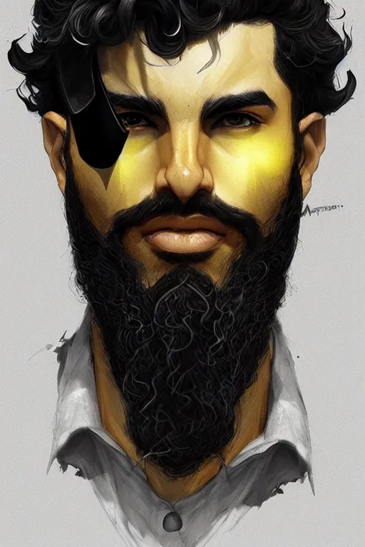 Image similar to Arab man light beard, curly hair, swordsman, modern, hero, leather , yellow and charcoal, character concept art, costume design, trending on artstation, Artgerm , WLOP