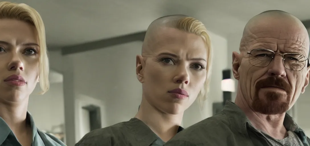 Prompt: cinematic still of scarlett johansson as walter white in breaking bad tv series