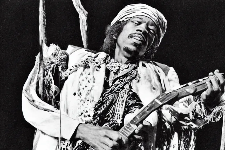 Image similar to jimi hendrix as topol in fiddler on the roof