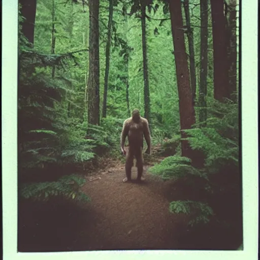 Prompt: a polaroid photo capturing bigfoot in the forest