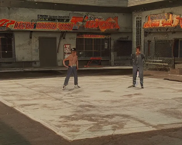 Image similar to a still of irl empty stage from King of Fighters in the movie Hard Target (1993), HDR, high quality, 8k, highly detailed and intricate,