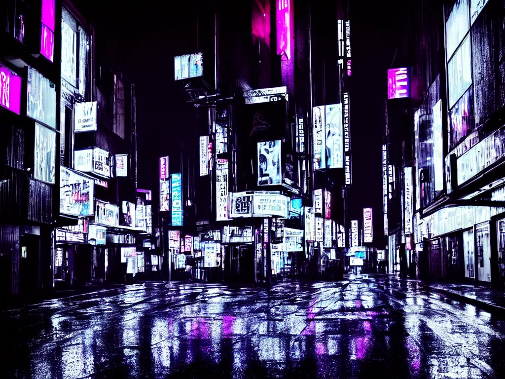 Image similar to rainy cyberpunk downtown city street in dark night time, neon lights glow, black sky