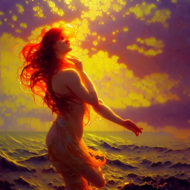 Image similar to backlit ocean waves of glossy kaleidoscopic liquid honey drops flowing like psychedelic translucent amber, lsd waves, lsd ripples, backlit, sunset, refracted lighting, art by collier, albert aublet, krenz cushart, artem demura, alphonse mucha