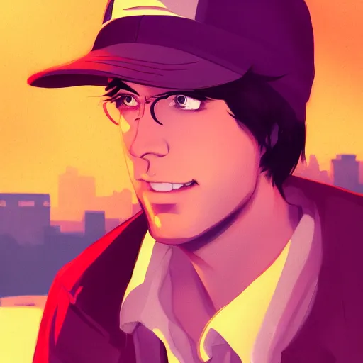 Image similar to J.D. Salinger as Holden Caulfield wearing that hat, ambient lighting, 4k, anime key visual, lois van baarle, ilya kuvshinov, rossdraws, artstation